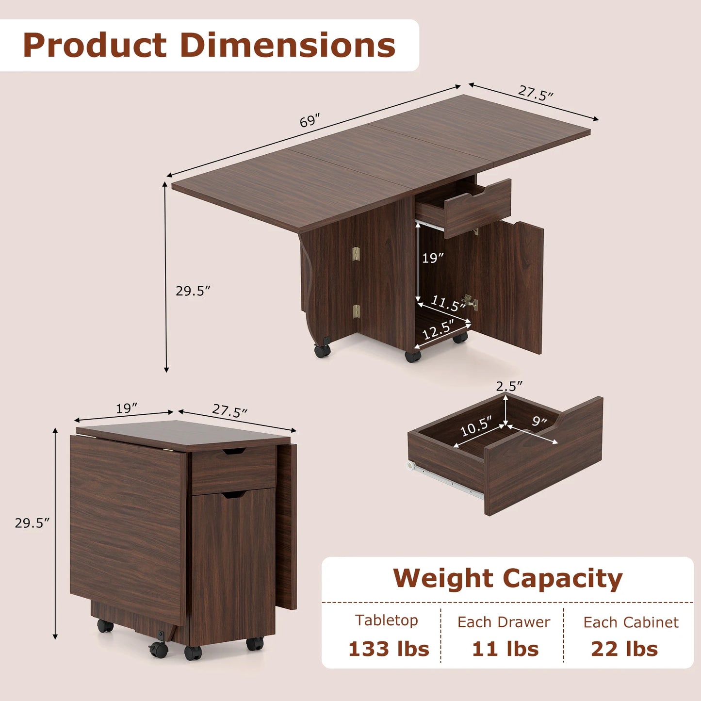 HOMASIS Folding Dining Table With Lockable Wheels, 2 Drawers