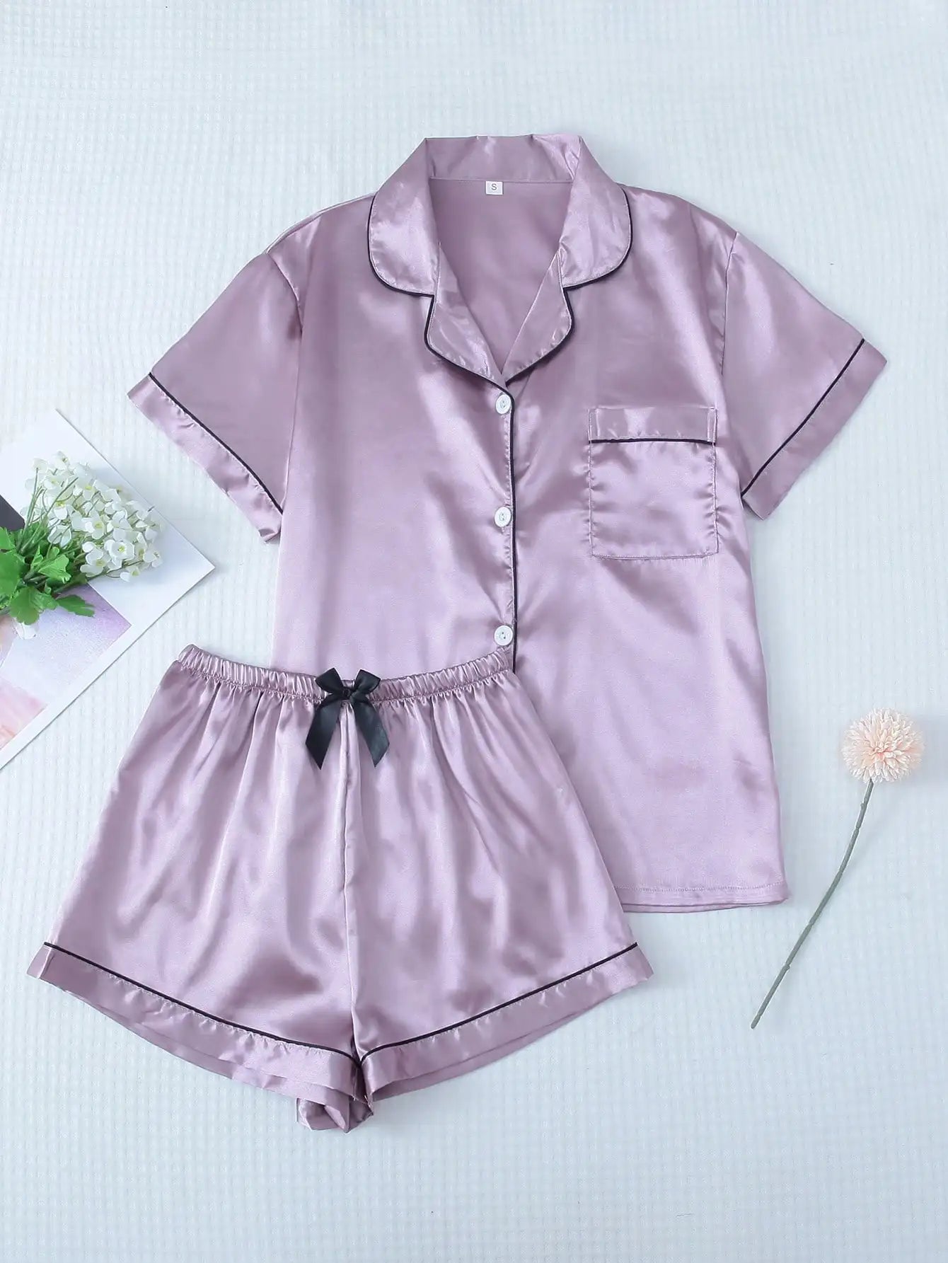 Teal Satin Pajama Set with White Trim, Short Sleeve Button-Up Top and Bowknot Shorts