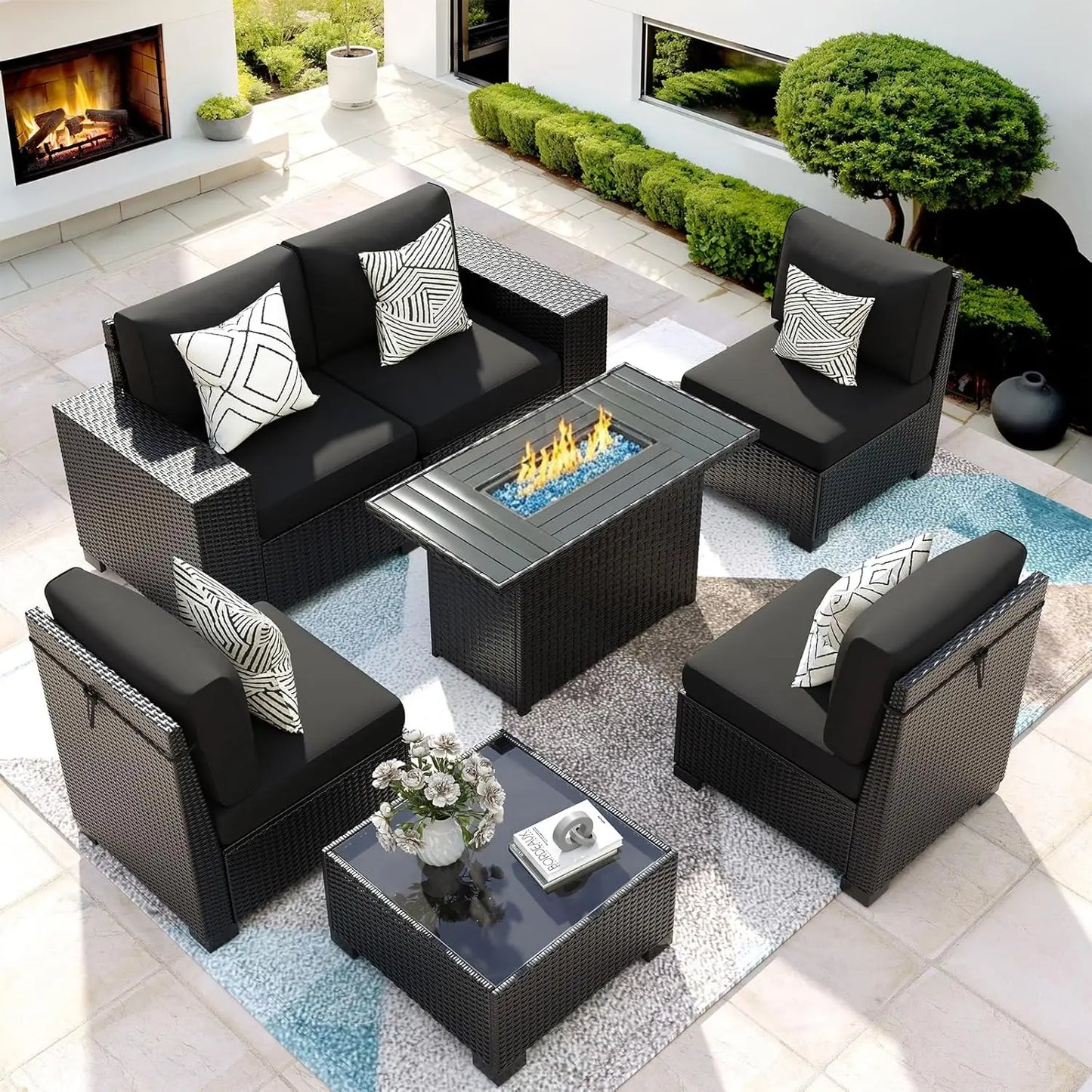 Patio Furniture Set with Fire Pit Table, 7 Piece Outdoor Sectional Conversation Sets Wicker Rattan Sectional Sofa, Customized