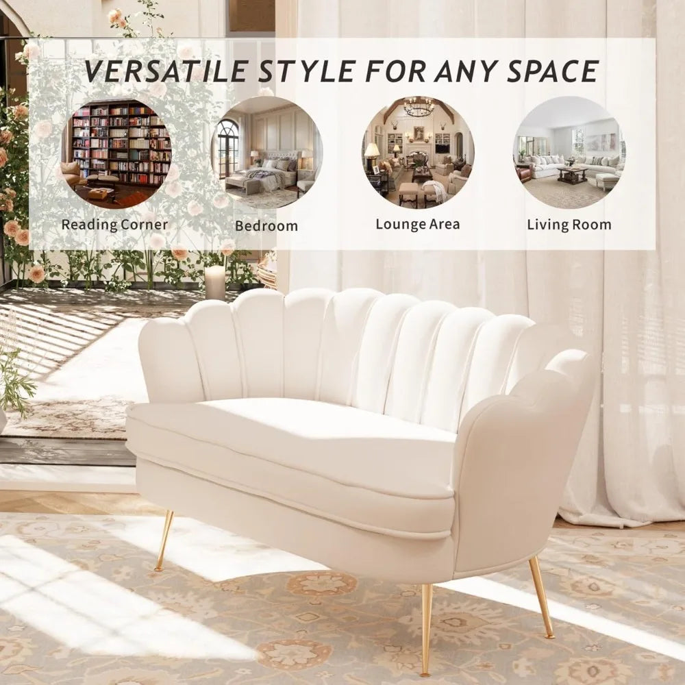 Modern Chenille Loveseat Sofa with Golden Legs, Comfy 2-Seater Accent Couch for Living Room, Office (Beige)