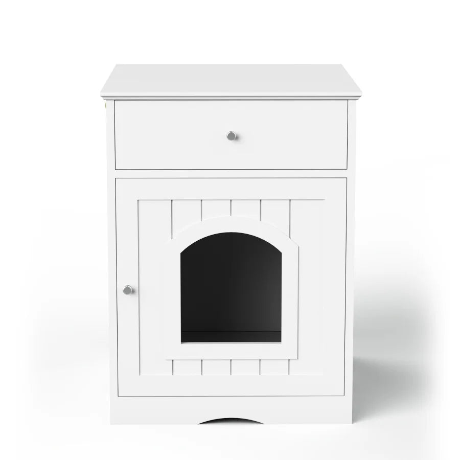 Wooden Pet House Cat Litter Box Enclosure with Drawer Side Table Indoor Pet Crate Cat Home Nightstand White