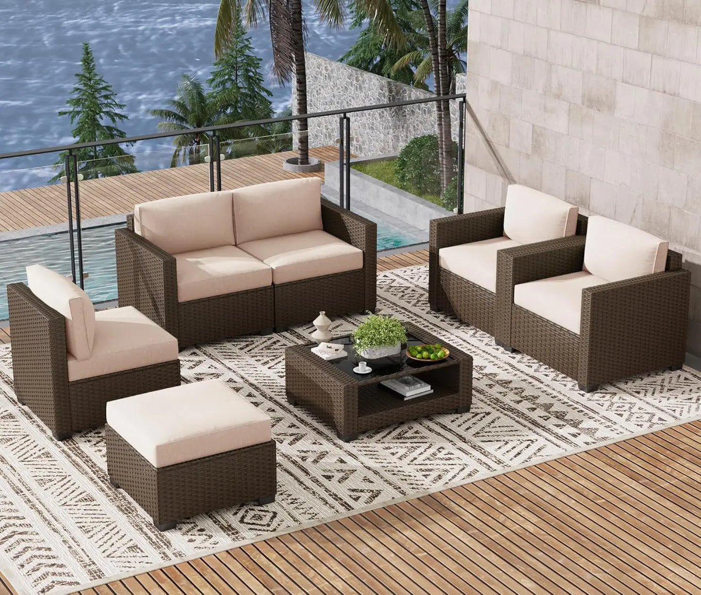 7 Piece Outdoor Patio Furniture Set, Rattan Chairs Glass Table Wicker Conversation Seating Sectional Sofa with Cushions, Custom