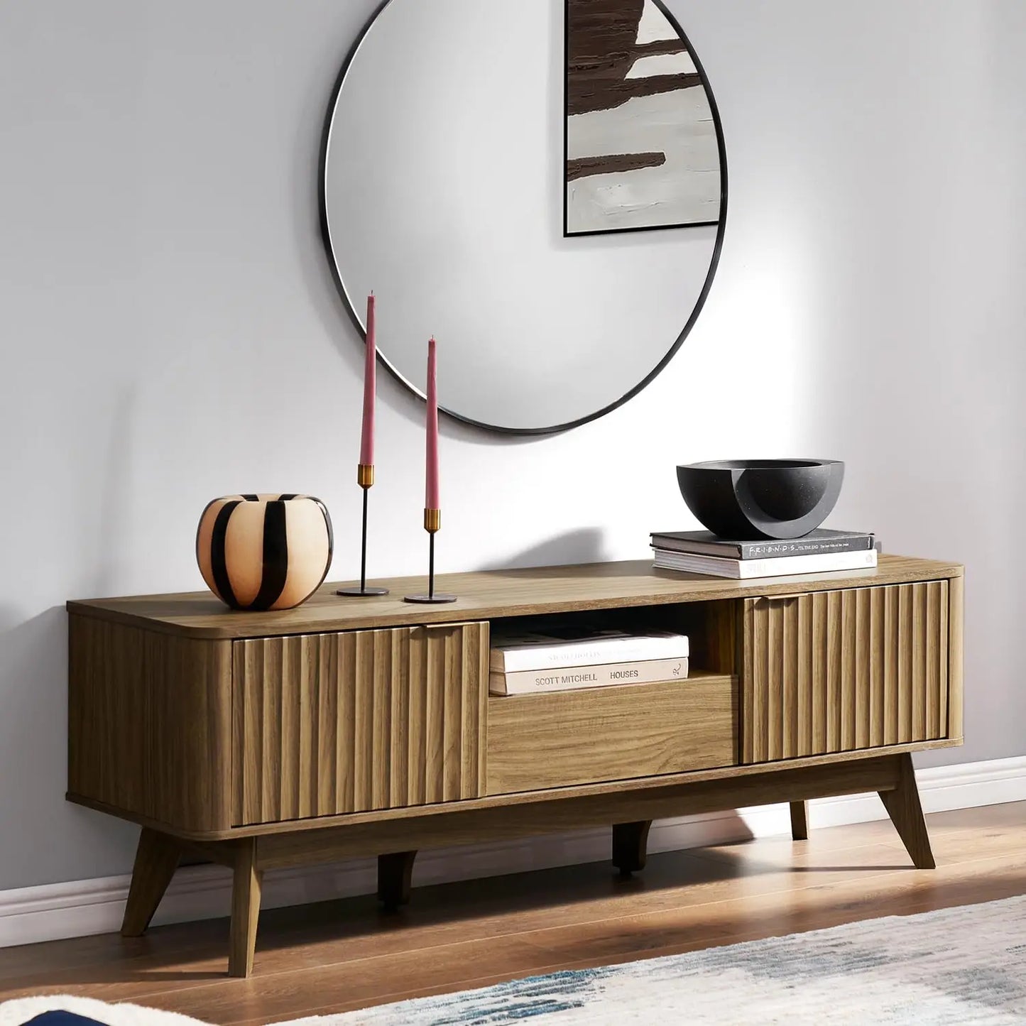 Mid-Century Modern TV Stand Adjustable Shelf Sturdy Box Frame Leg 50-59in Golden Oak 57in ,Customized