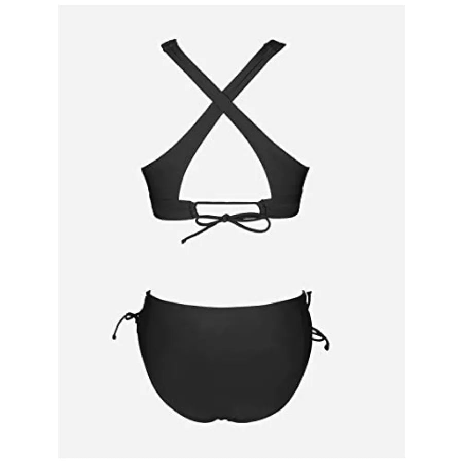 CUPSHE Bikini Set for Women Two Pcs Swimsuit V Neck Triangle Top Wide Straps Cross Back Lace up Mid Rise