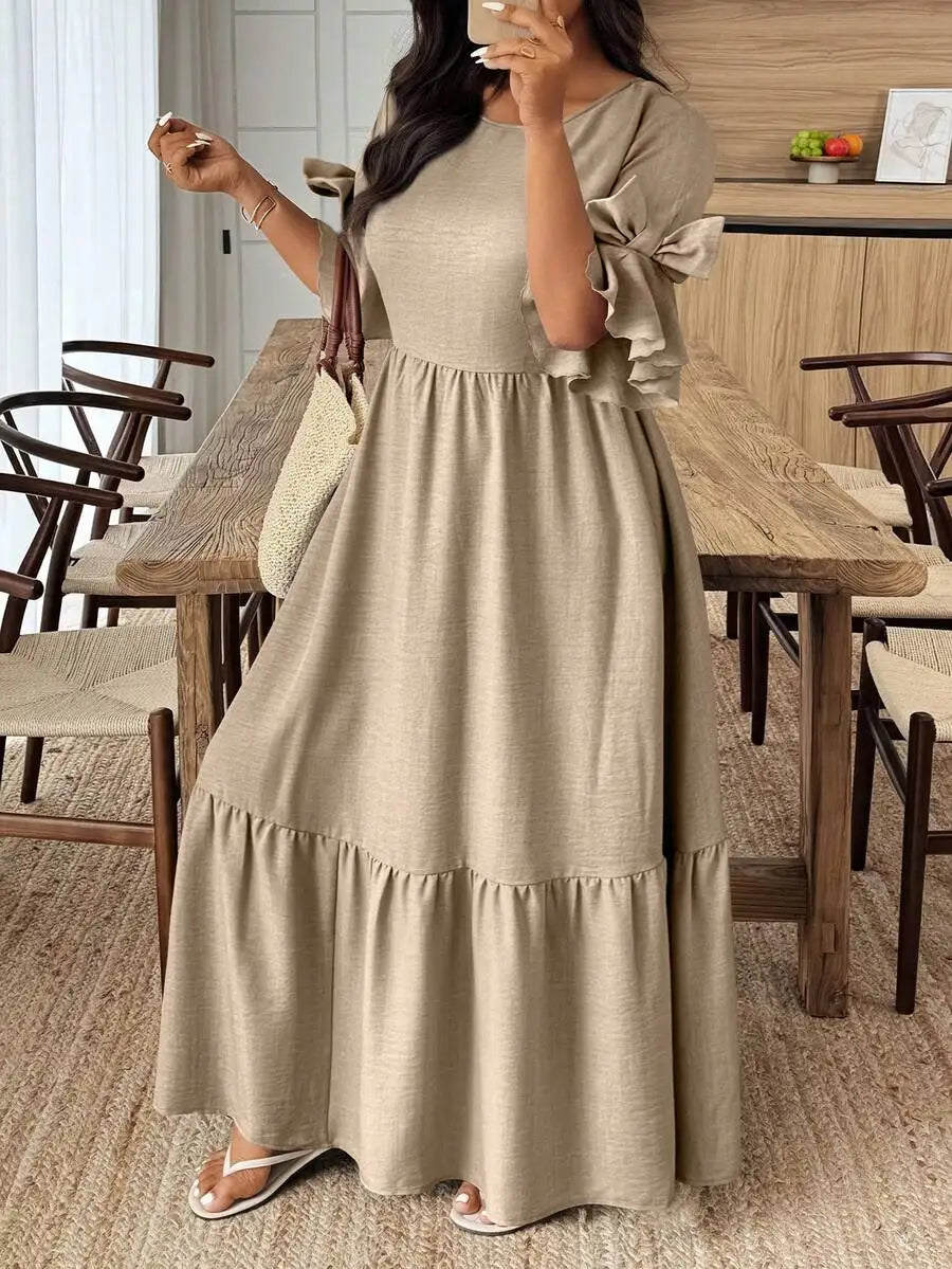 Navy Blue Solid Round Neck Ruffle Sleeve Maxi Dress with Tiered Skirt