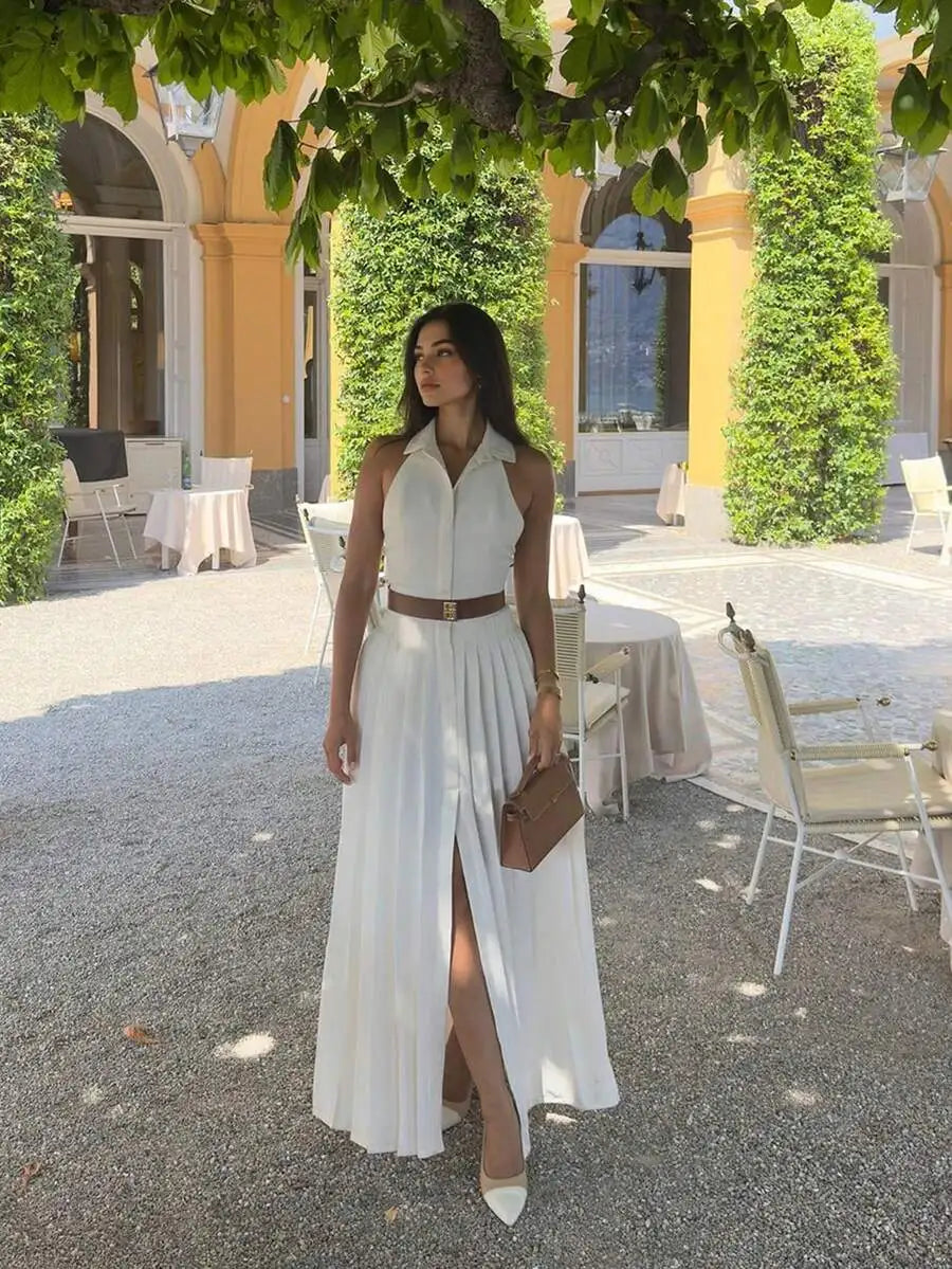 Elegant Halter Neck Maxi Dress White Linen Like For Casual Office Summer
