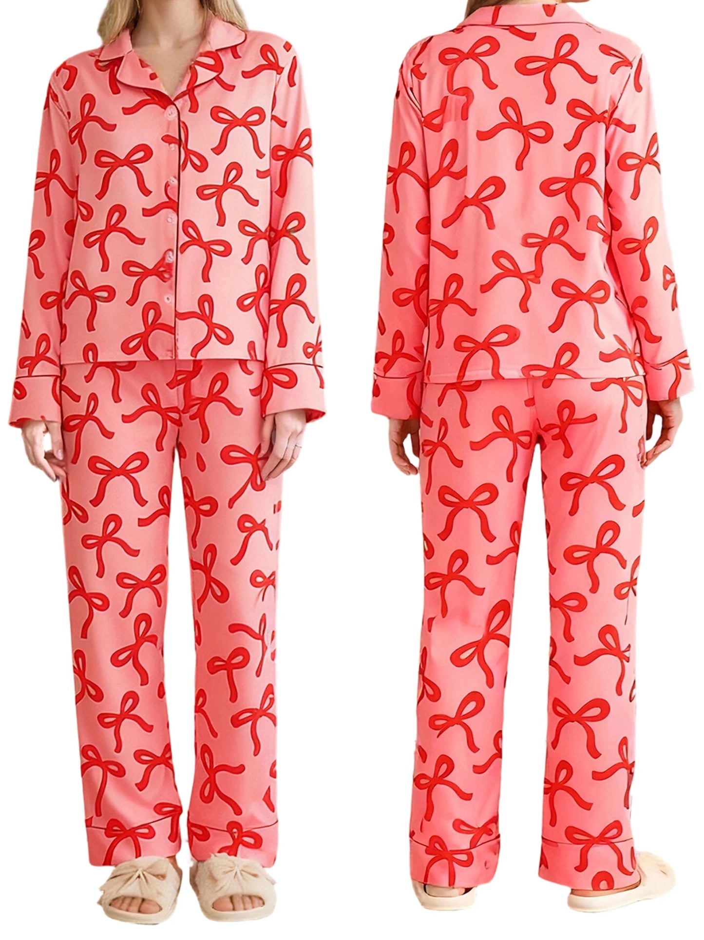 Women s 2-Piece Pajama Set featuring Long Sleeve Lapel V Neck Top with Bow Print and Button Down Detail paired with Elastic
