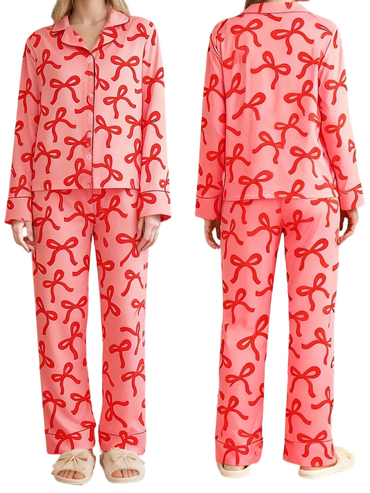 Women s 2-Piece Pajama Set featuring Long Sleeve Lapel V Neck Top with Bow Print and Button Down Detail paired with Elastic