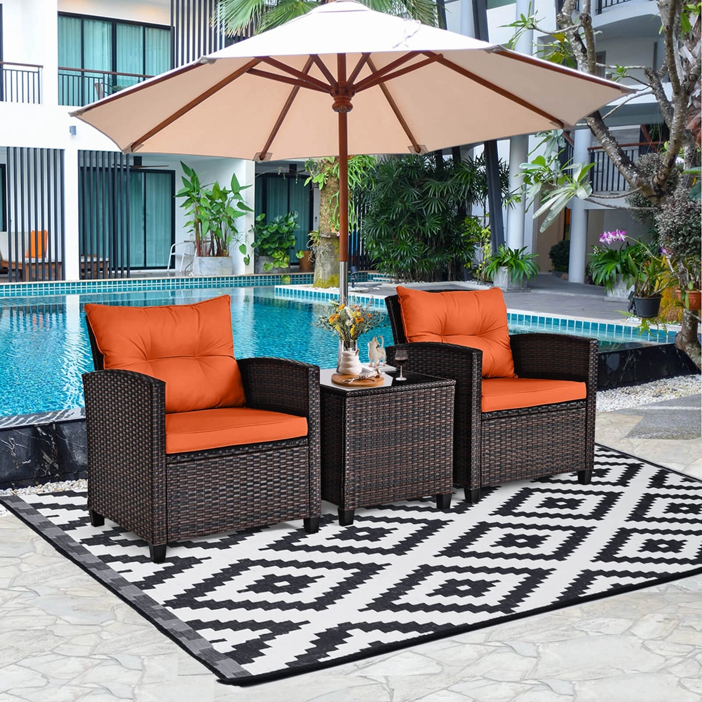 HOMASIS 3-Piece Patio Rattan Furniture Set Cushioned Conversation Sofa