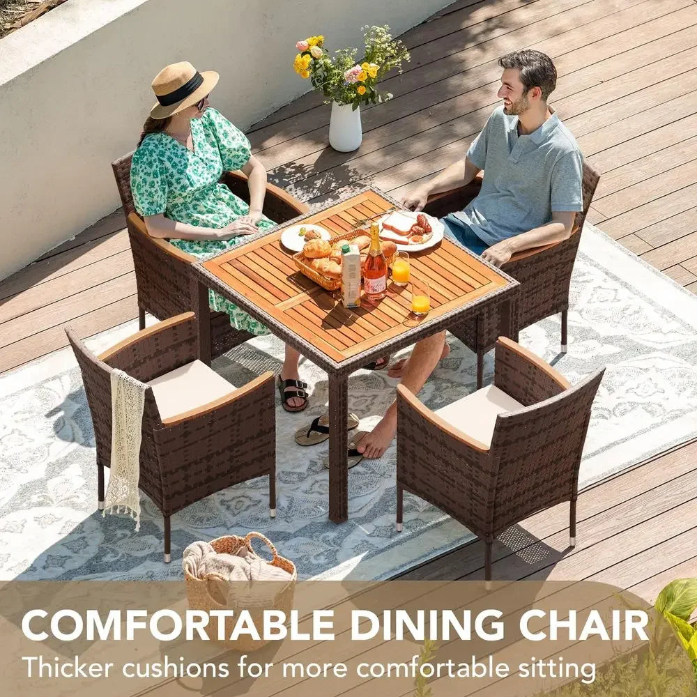 XMSJ 5 Piece Acacia Wood Patio Table Set With Rattan Chairs