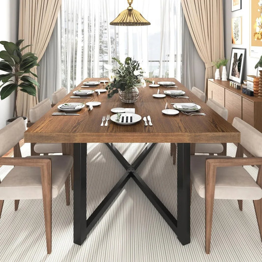 Farmhouse Solid Wood Dining Table With Durable Steel Legs