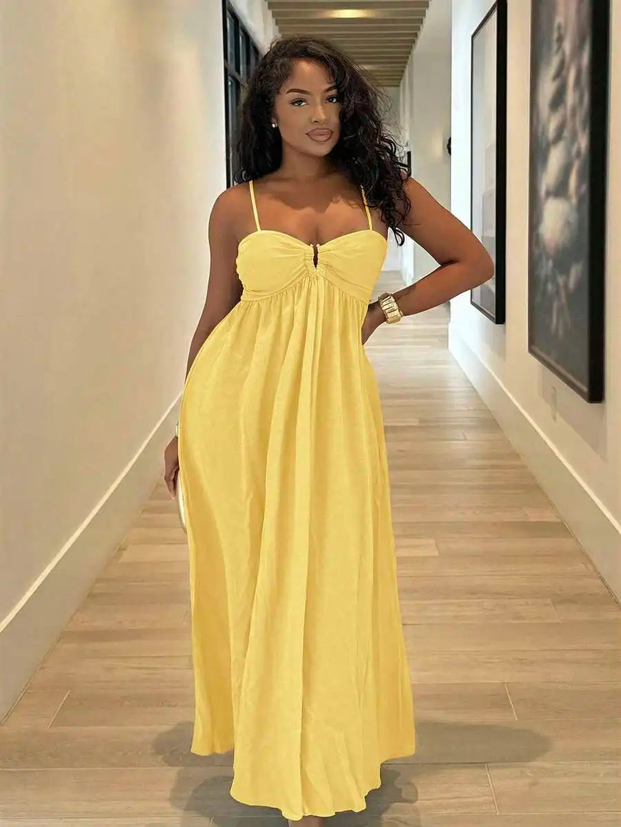 Black Pleated Sleeveless Maxi Dress with Ruched Bust, Boho Style for Summer Vacation