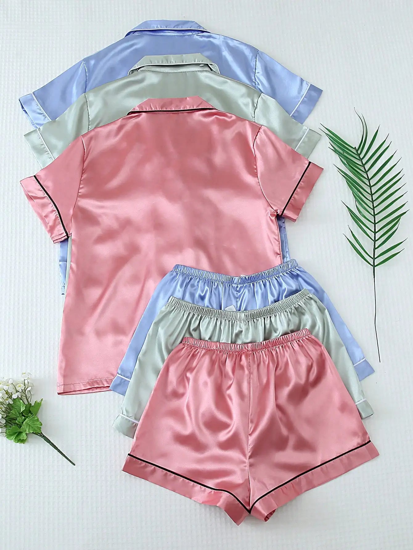 3-Piece Satin Pajama Set: Short Sleeve Button-Up Top & Bowknot Shorts for Women