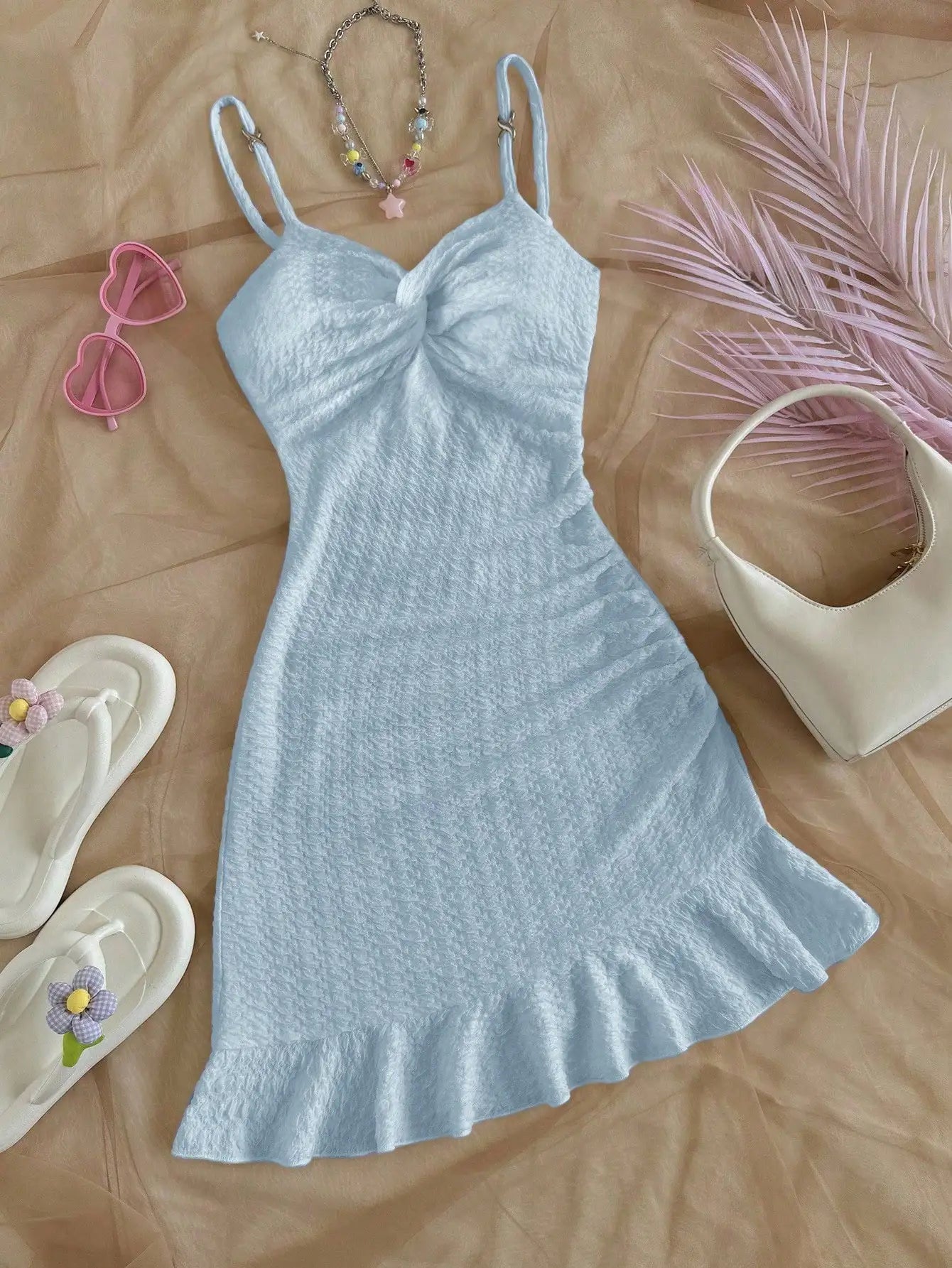 White Textured Knit Dress with Twist Bust and Ruffle Hem, Fitted Silhouette for Summer Vacations and Casual Outings