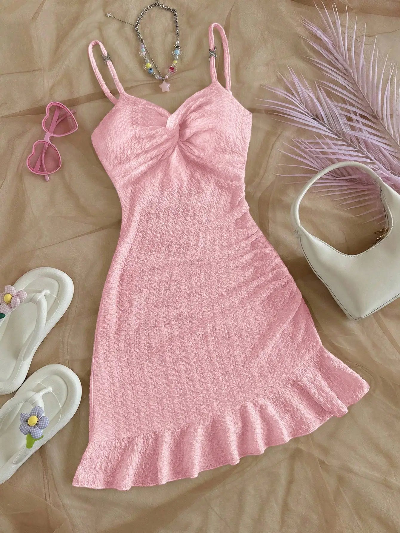 White Textured Knit Dress with Twist Bust and Ruffle Hem, Fitted Silhouette for Summer Vacations and Casual Outings