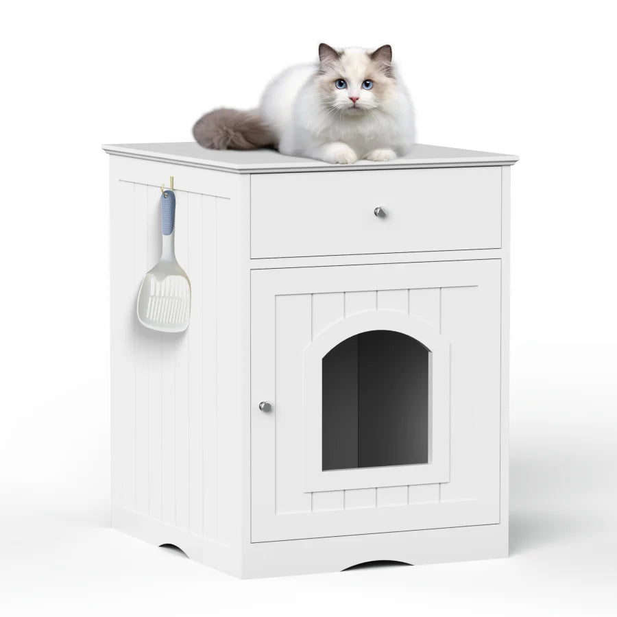 Wooden Pet House Cat Litter Box Enclosure with Drawer Side Table Indoor Pet Crate Cat Home Nightstand White