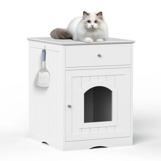 Wooden Pet House Cat Litter Box Enclosure with Drawer Side Table Indoor Pet Crate Cat Home Nightstand White