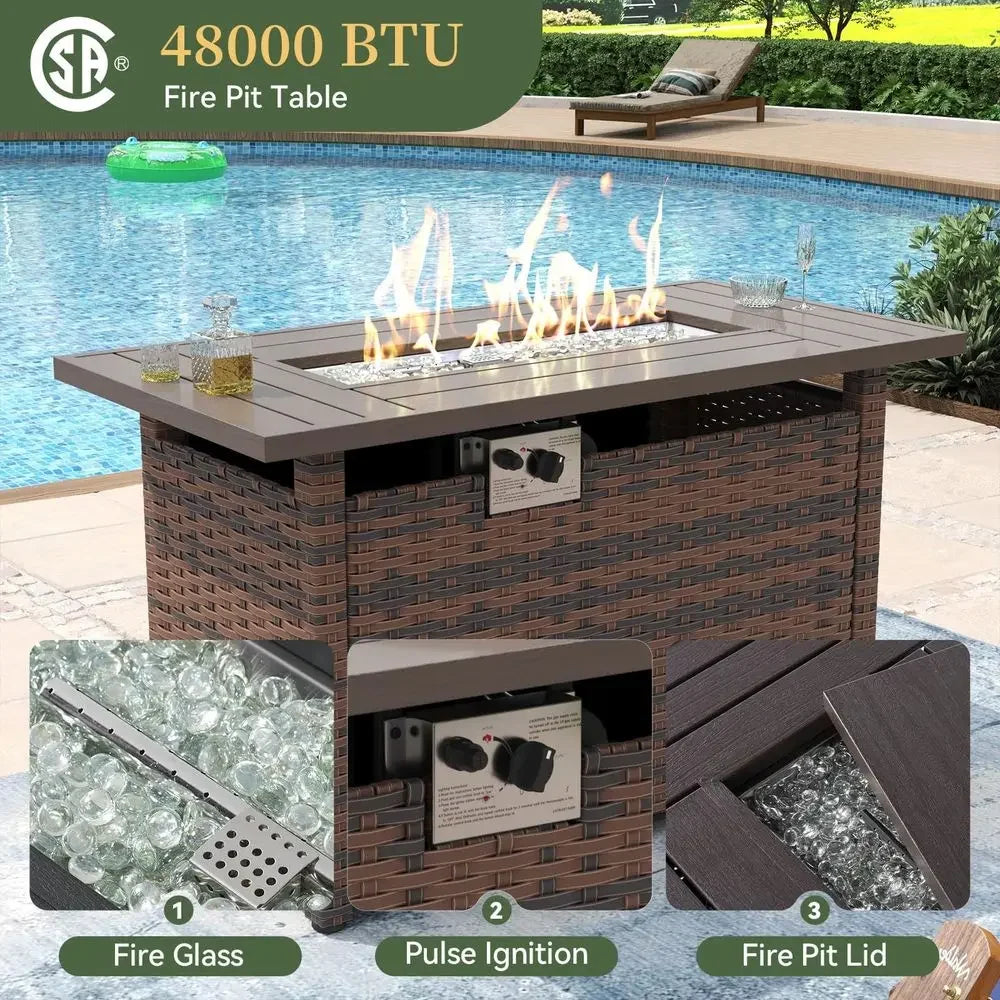 8 Piece Patio Furniture Set with 44 Fire Pit Table Wicker Rattan Outdoor Sectional Sofa Set with Coffee Table and Thickened Cus