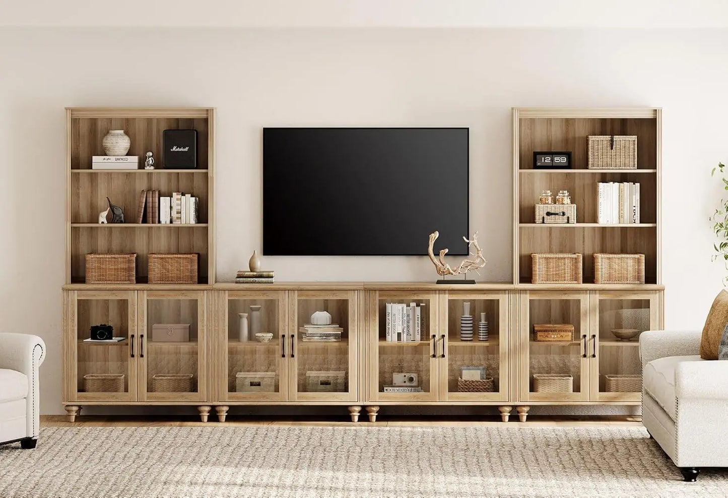 Farmhouse TV Stand Media Console Bookshelves Glass Doors Living Room Bedroom 75",Customized