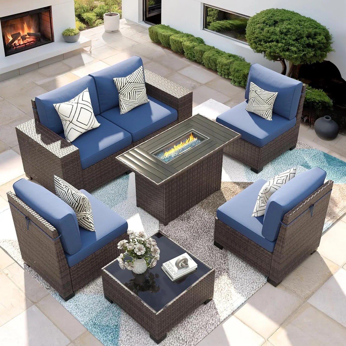 Patio Furniture Set with Fire Pit Table, 7 Piece Outdoor Sectional Conversation Sets Wicker Rattan Sectional Sofa, Customized