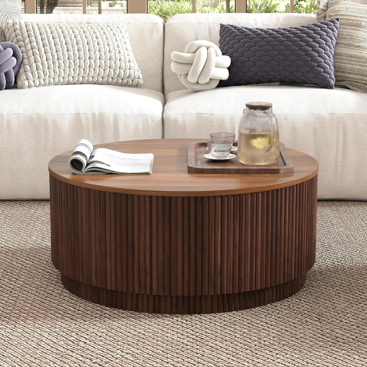 31.5" Round Coffee Table with Storage, Mid Century Modern Coffee Tables with Fluted Base, Wooden Circle Accent Center Table