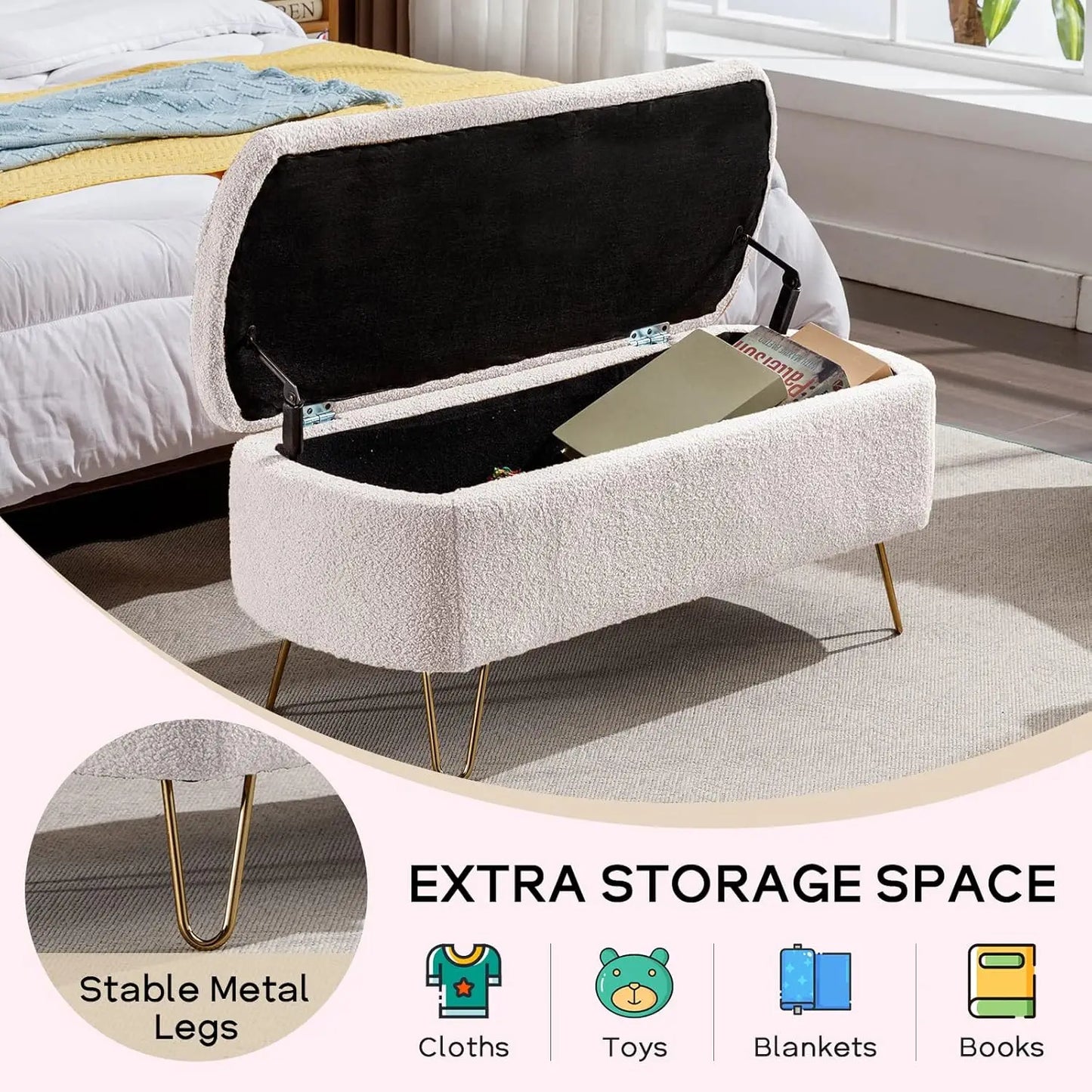 Modern Storage Ottoman Bench, Vintage Boucle Upholstered Entryway Bench, End of Bed Bench with Gold Legs, Padded, Customized