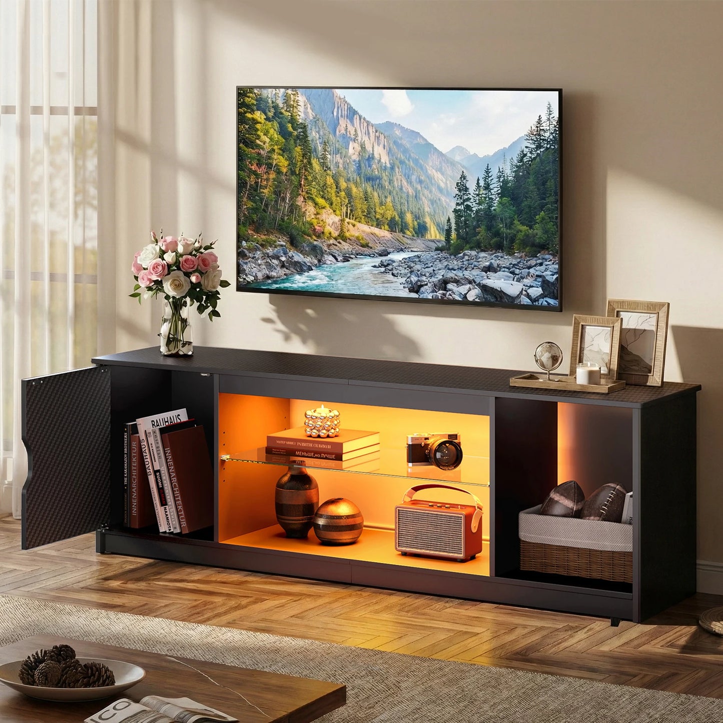 NOST&HOST 57" LED TV Stand for 55/60/65 Inch TVs - Gaming Entertainment Center with RGB Lights, Adjustable Glass Shelves & Cabinet for PS5
