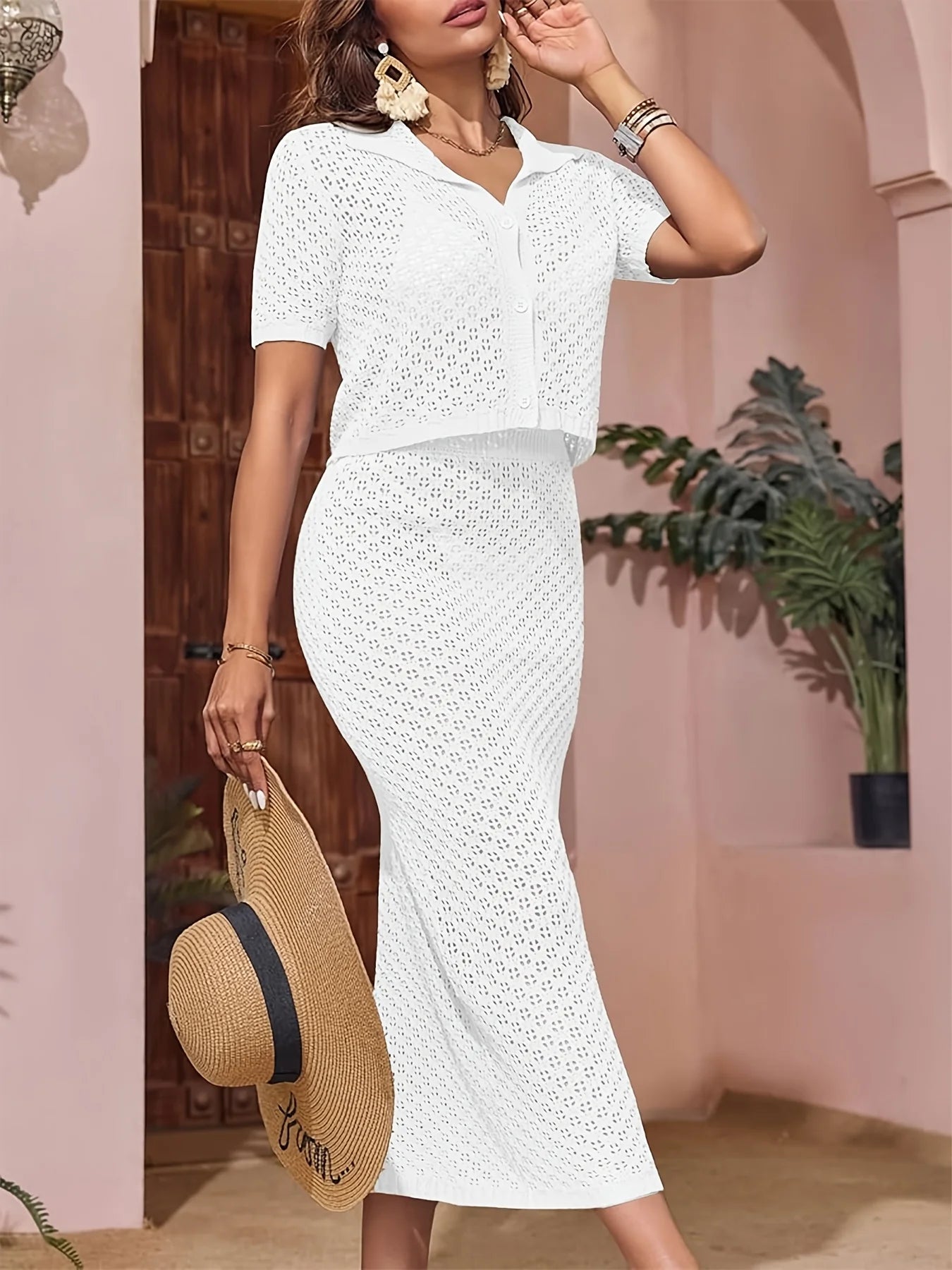 Women's White Hollow Out Knit 2-Piece Set Collared Short Sleeve Crop Top + Bodycon Midi Skirt