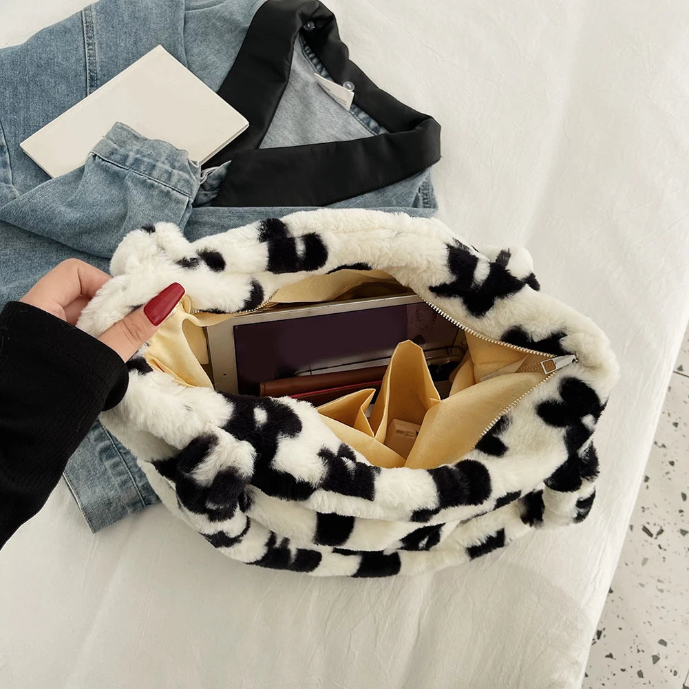 Women Fluffy Shoulder Bag Furry Faux Fur Handbag Casual Satchel Hobo Bag Plush Underarm Bag Fuzzy Tote Handbag Shopper Bag