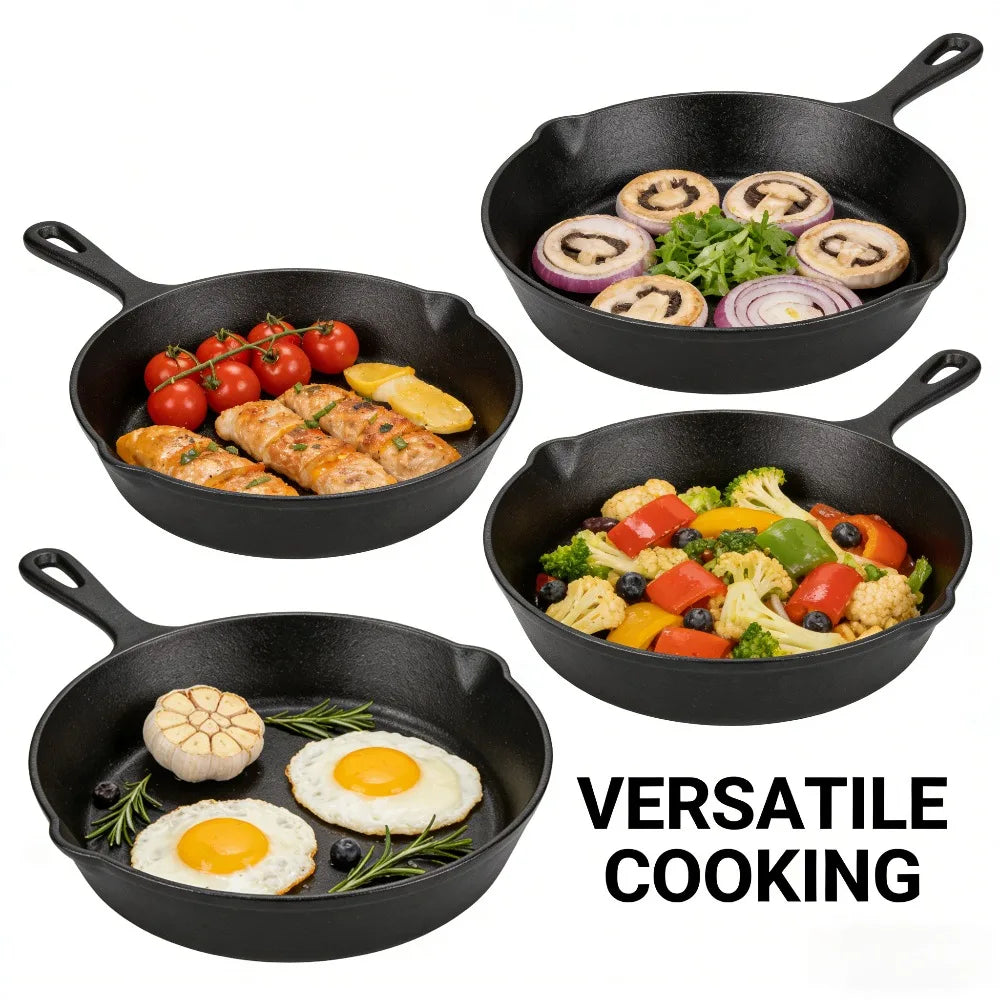 3PCS Pre-Seasoned Cast Iron Skillet Set, Pans for Oven Grill Campfire, Durable Cookware for Home Outdoor Cooking