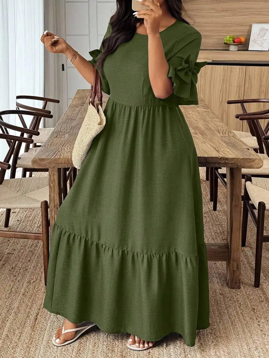 Navy Blue Solid Round Neck Ruffle Sleeve Maxi Dress with Tiered Skirt
