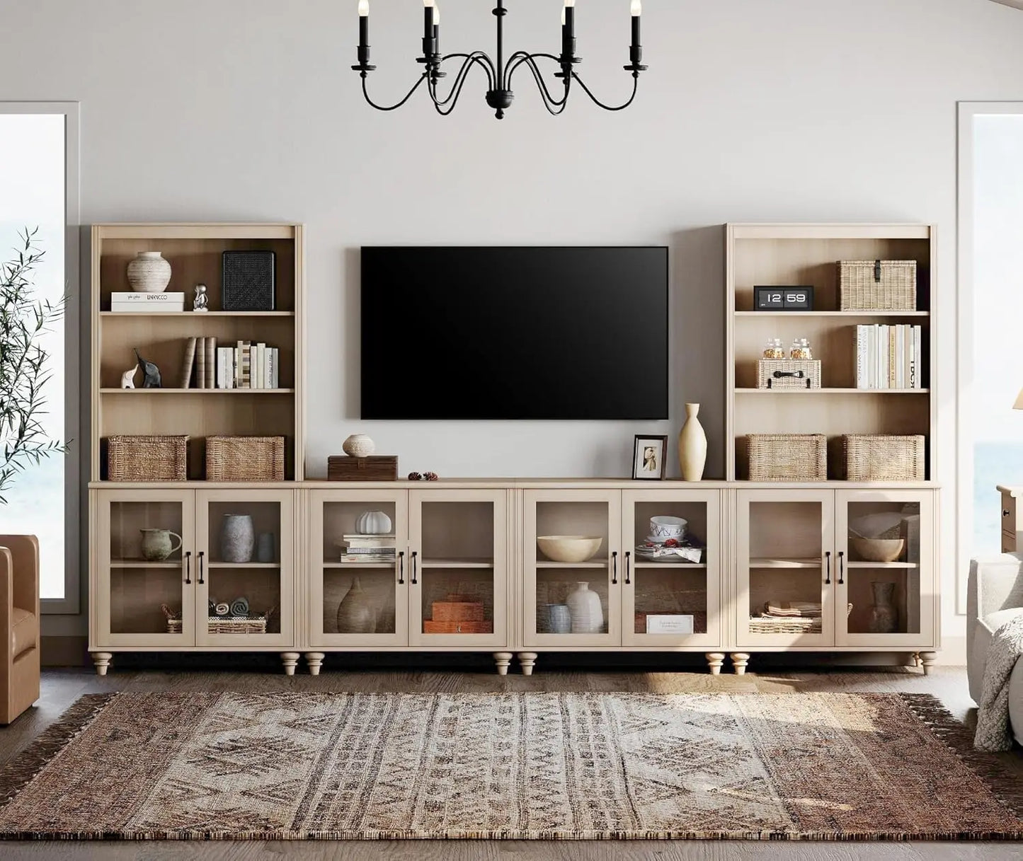 Farmhouse TV Stand Media Console Bookshelves Glass Doors Living Room Bedroom 75",Customized