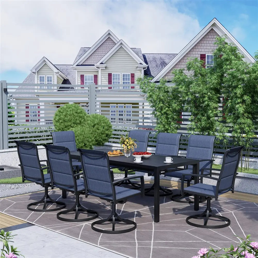 BIGGET 9-Piece Outdoor Dining Set Extendable Table & 8 Blue Foam Padded Textilene Swivel Chairs for Patio Garden Poolside