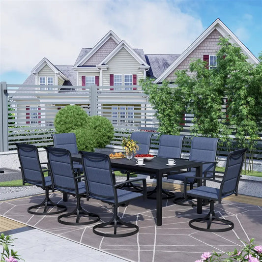 BIGGET 9-Piece Outdoor Dining Set Extendable Table & 8 Blue Foam Padded Textilene Swivel Chairs for Patio Garden Poolside