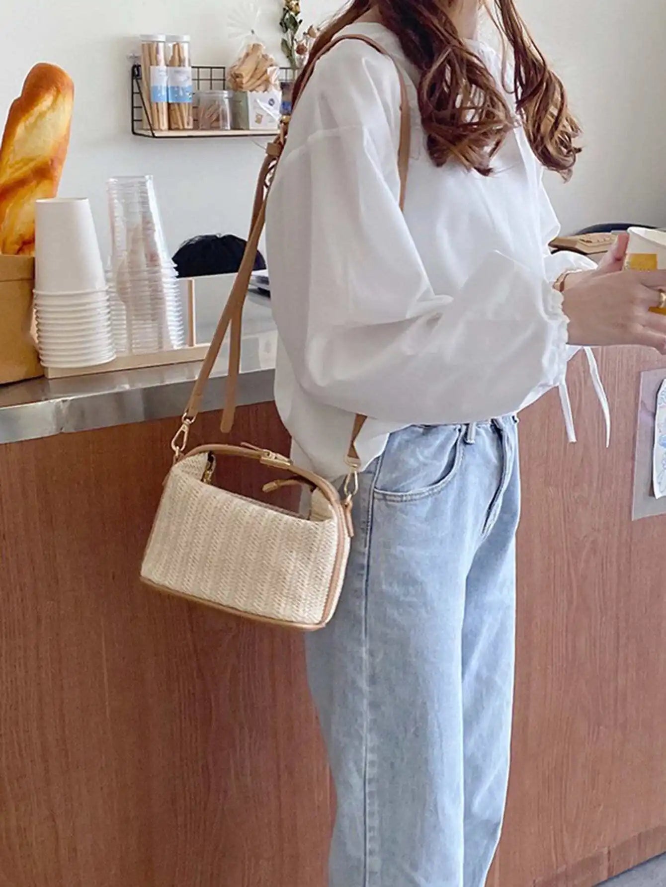 Minimalist Straw Bag For Women Shoulder Crossbody Beach Tote