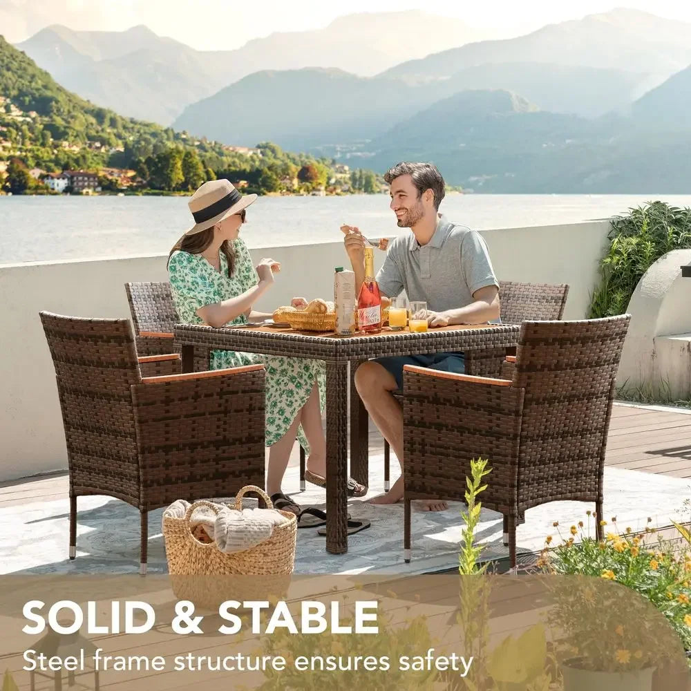 XMSJ 5 Piece Acacia Wood Patio Table Set With Rattan Chairs