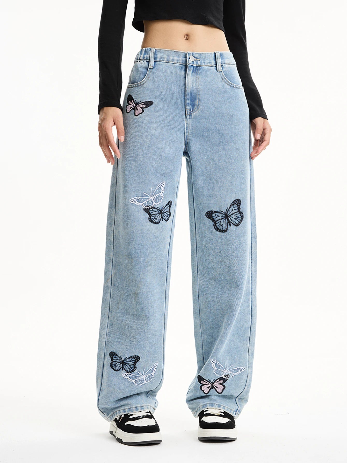 Retro butterfly embroidered long straight leg jeans for middle and high school girls and teenagers, loose and casual wide-leg st