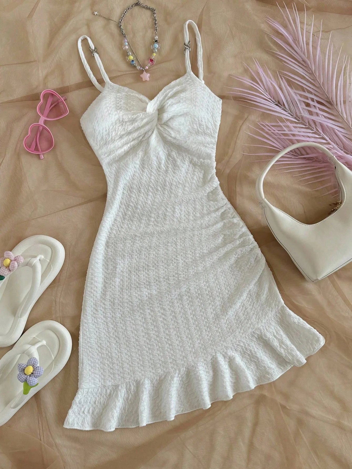 White Textured Knit Dress with Twist Bust and Ruffle Hem, Fitted Silhouette for Summer Vacations and Casual Outings