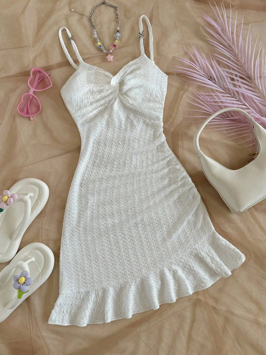 White Textured Knit Dress with Twist Bust and Ruffle Hem, Fitted Silhouette for Summer Vacations and Casual Outings