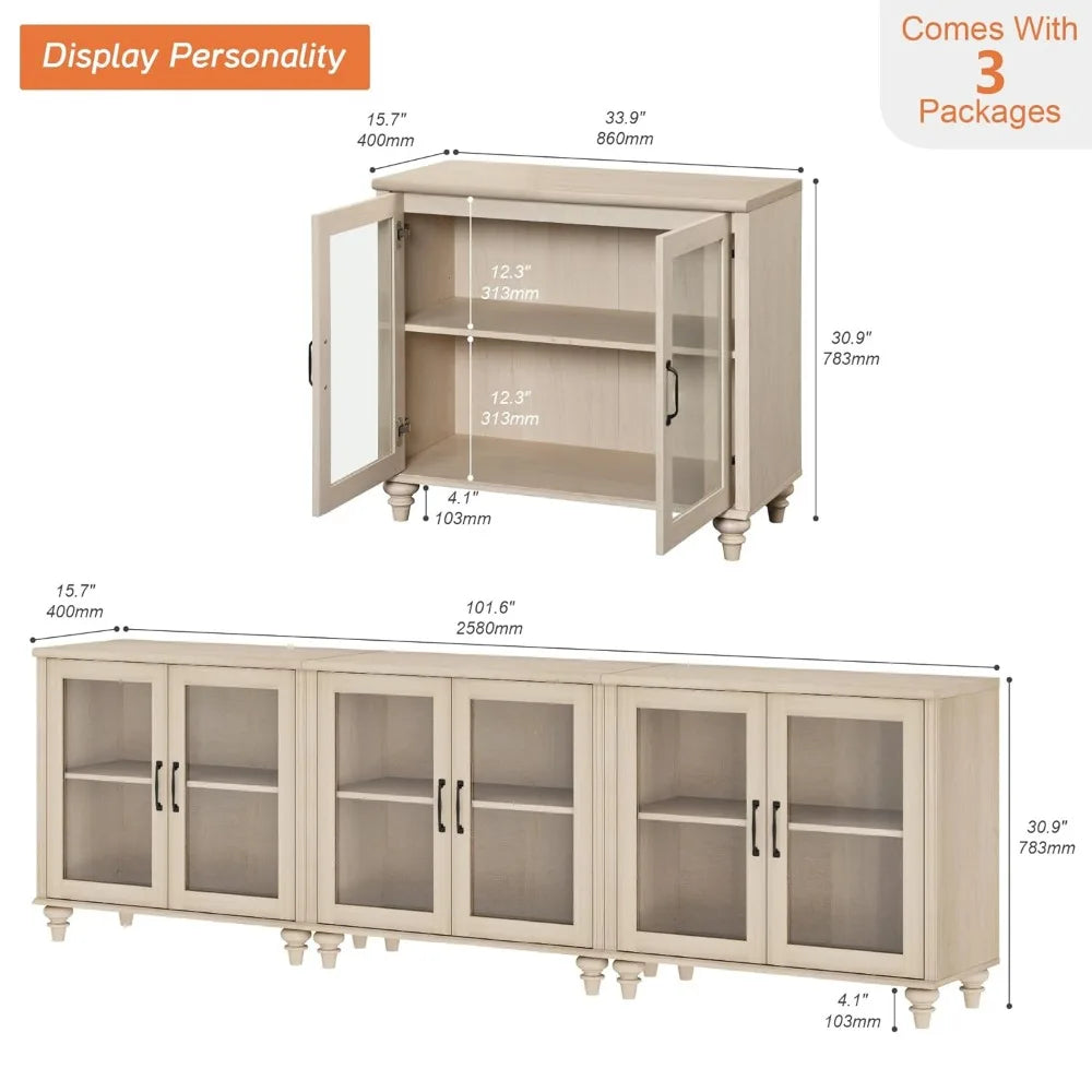 Customizable 100 Inch Light Oak Wood TV Stand, Glass Door Entertainment Center Buffet Cabinet with 6 Storage Spaces for Dining