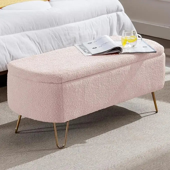Modern Storage Ottoman Bench, Vintage Boucle Upholstered Entryway Bench, End of Bed Bench with Gold Legs, Padded, Customized
