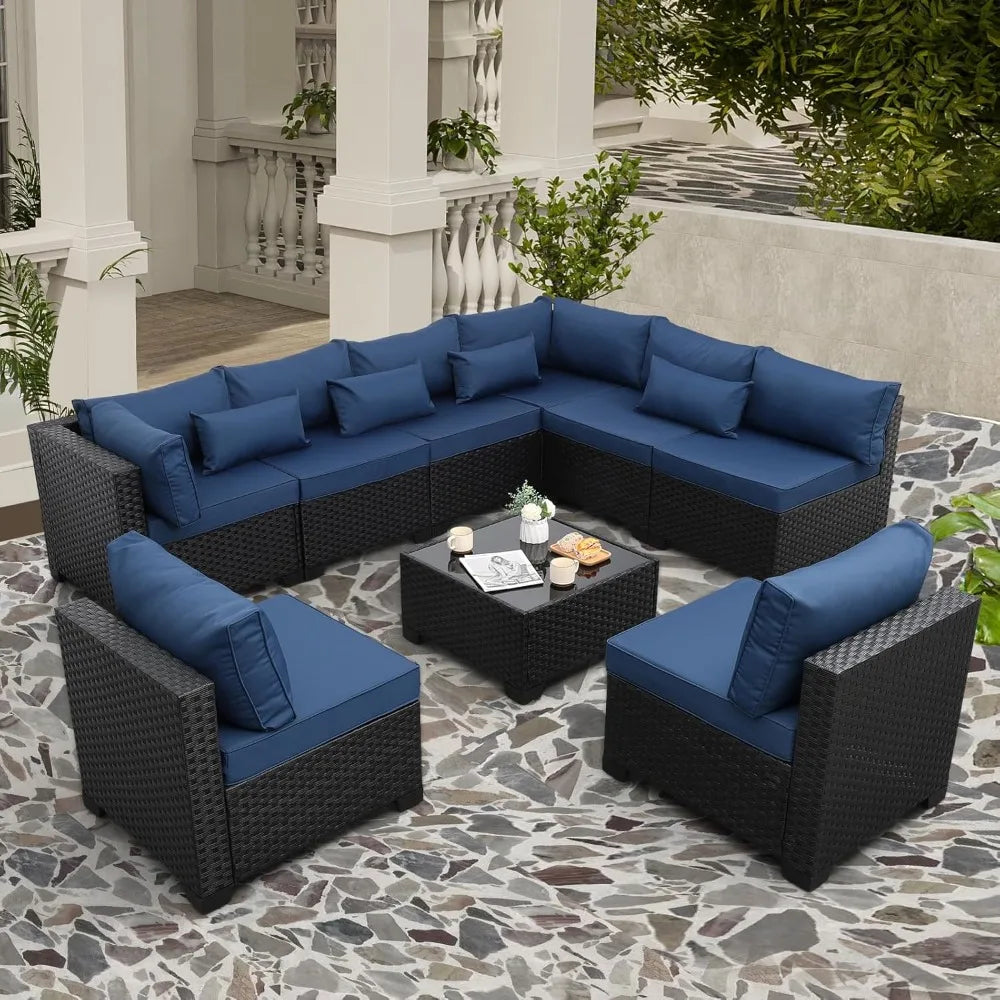 9 Pieces Outdoor Sectional All-Weather Wicker Patio Furniture Set Patio Sectional and Glass Patio Table Non-Slip, Customized