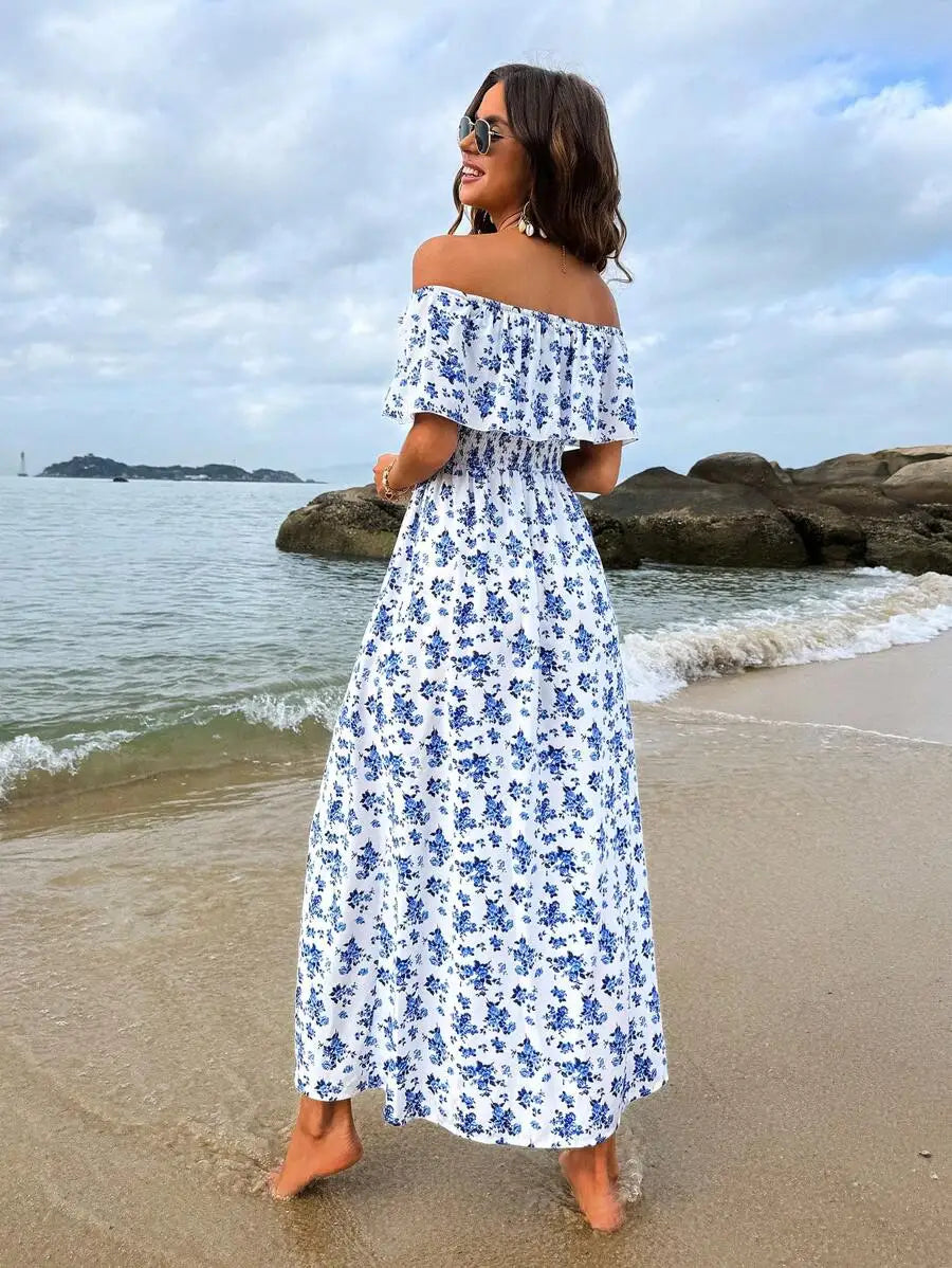 Off-Shoulder Ruffled Sleeve Floral Maxi Dress with High Slit for Beach Vacation