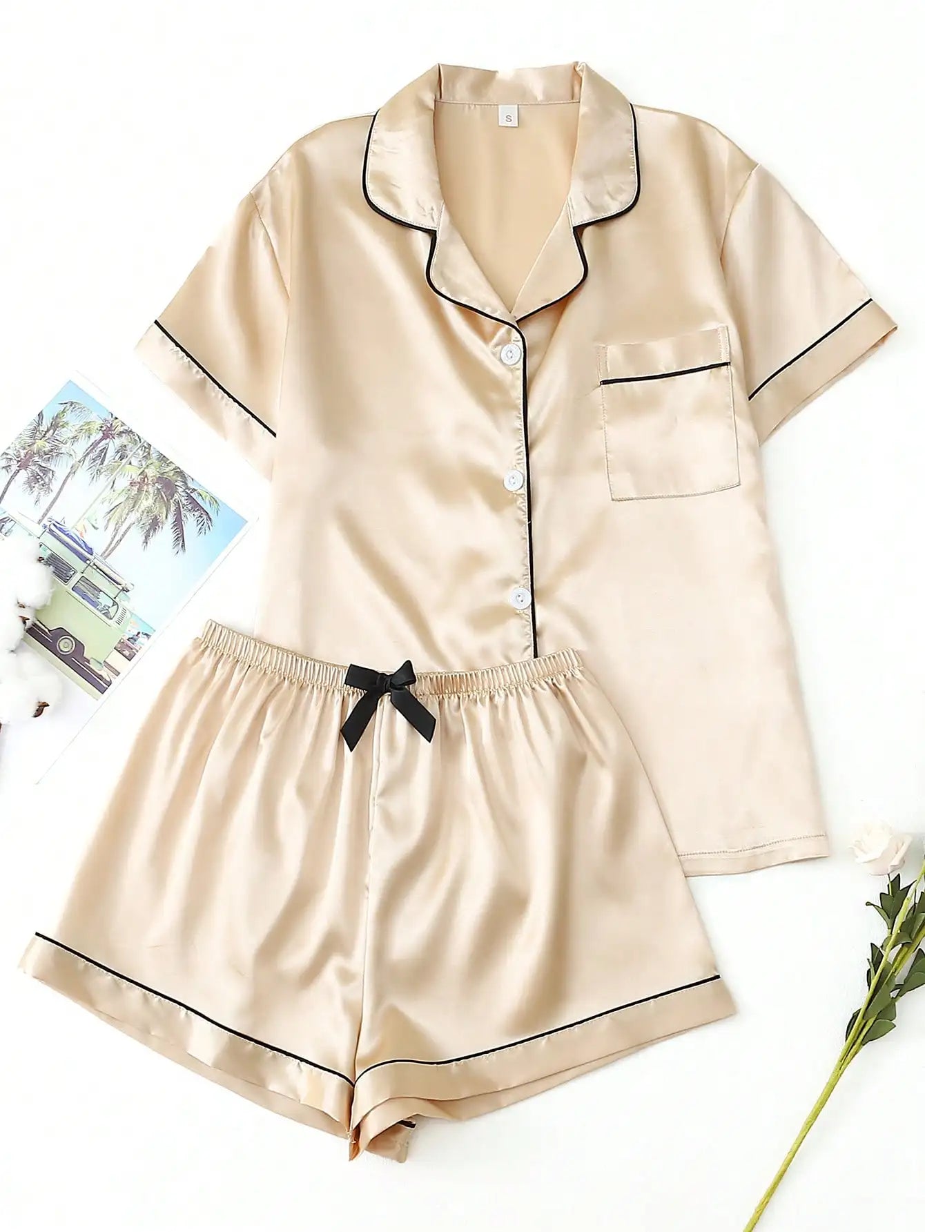 Teal Satin Pajama Set with White Trim, Short Sleeve Button-Up Top and Bowknot Shorts