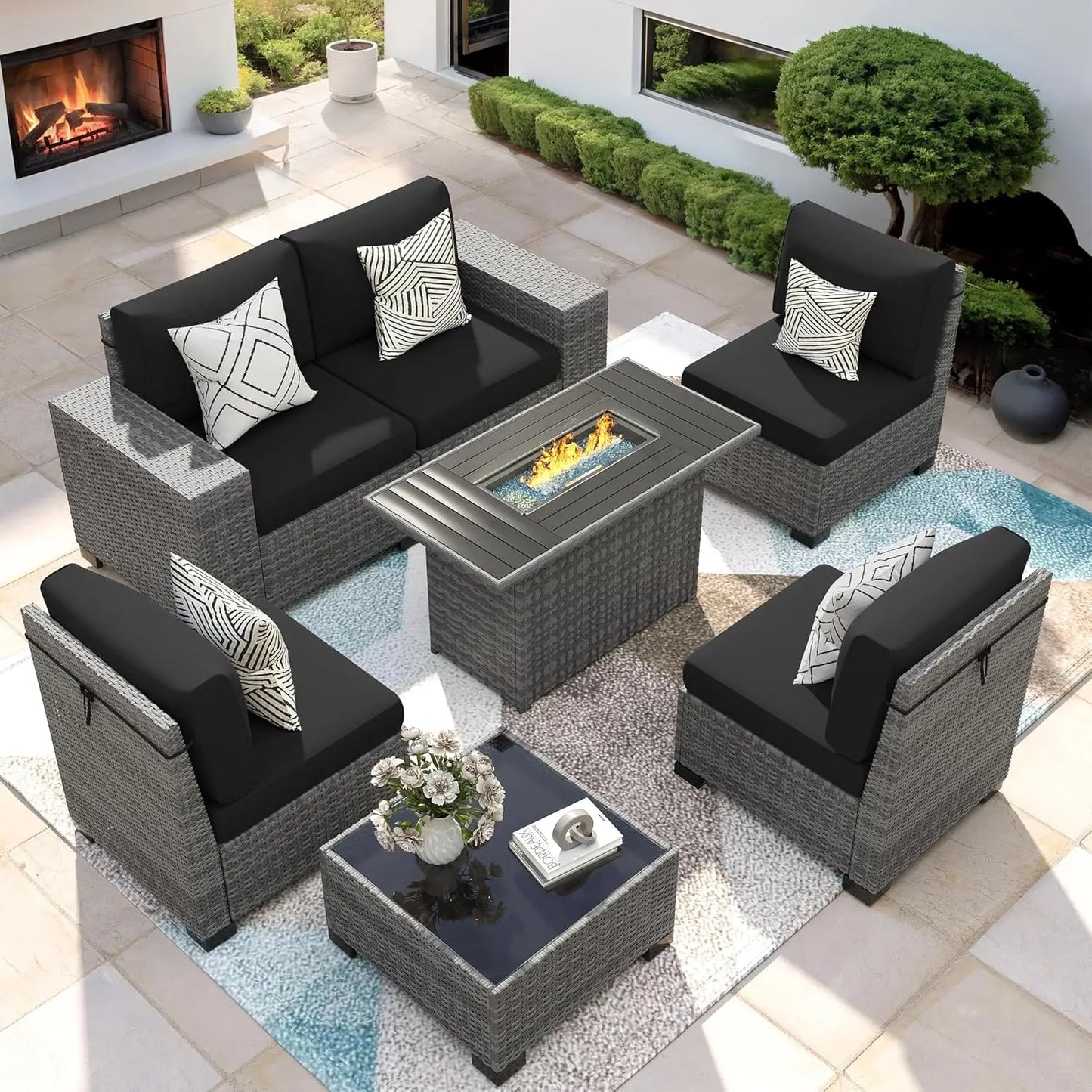 Patio Furniture Set with Fire Pit Table, 7 Piece Outdoor Sectional Conversation Sets Wicker Rattan Sectional Sofa, Customized