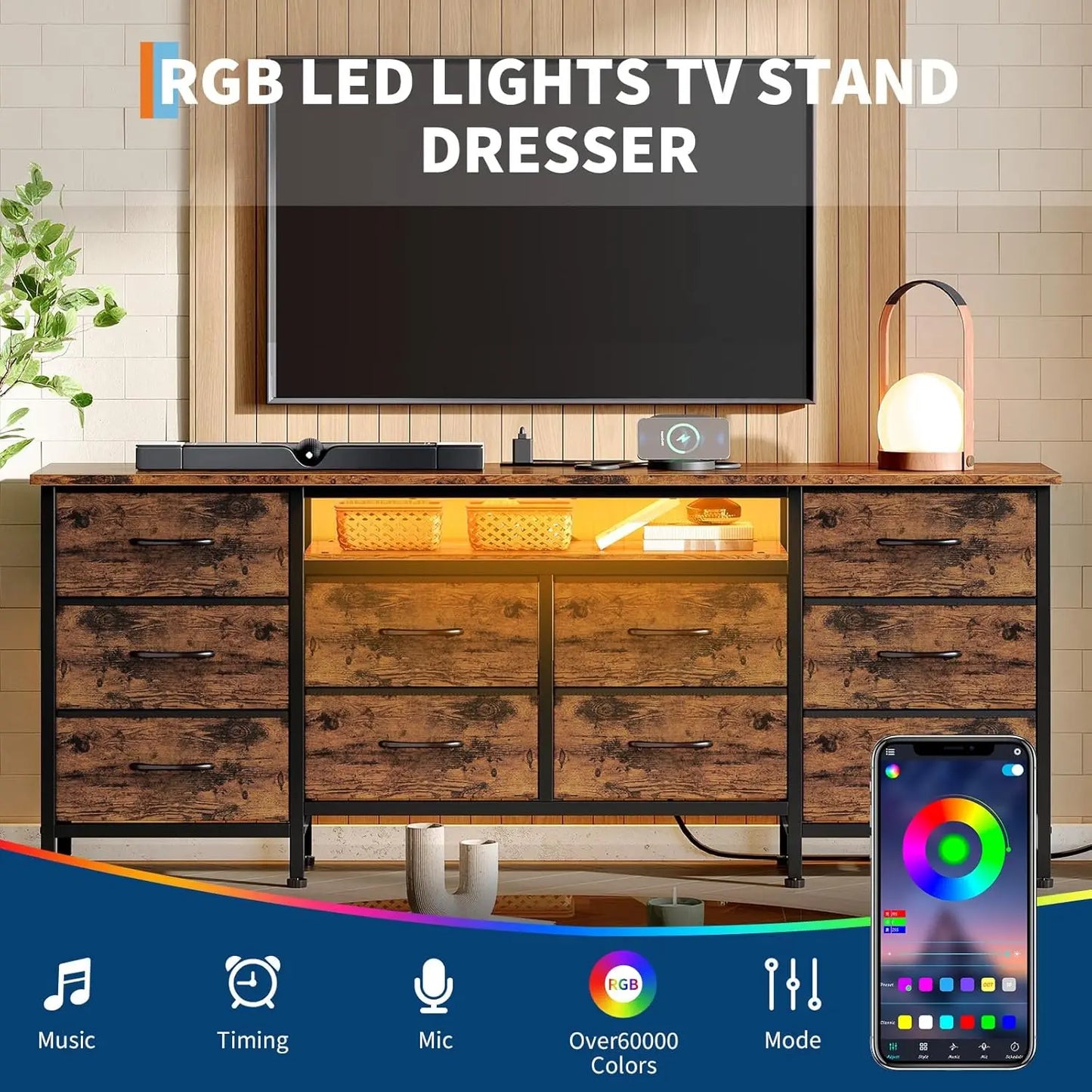 TV Stand for 65/70/75" TV, 10 Drawer Dresser with Power Outlets and LED Lights, Entertainment Center TV Stand Storage Drawers