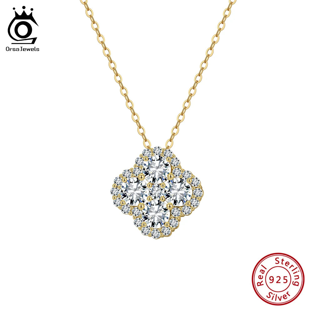 ORSA JEWELS Exquisite 925 Sterling Silver Four-leaf Clover 8A Premium Zirconia Pendant Necklace for Women Wedding Jewelry LZN28