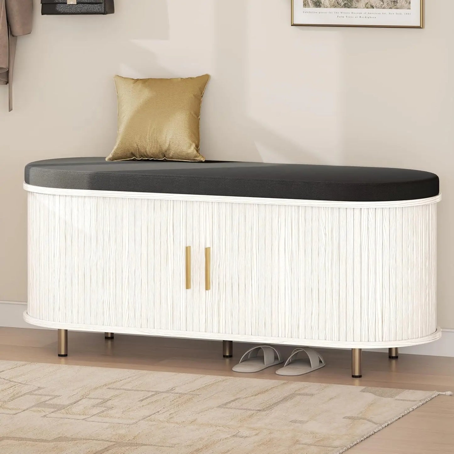 2-Tier Storage Bench, 43.3" Wide Shoe Bench with Thickened Padded Seat Cushion, Mid Century Modern Fluted Sliding, Customized