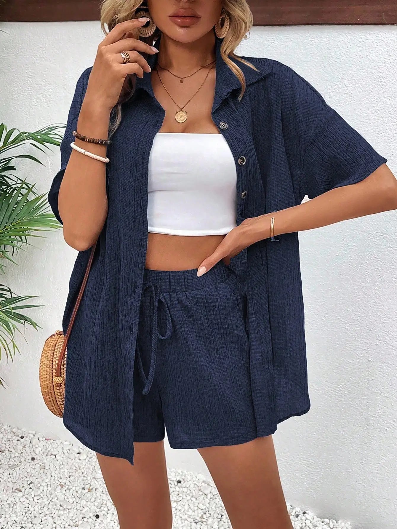 Women's Front Button Collar Short Sleeve Blouse And Tie Waist Shorts Set