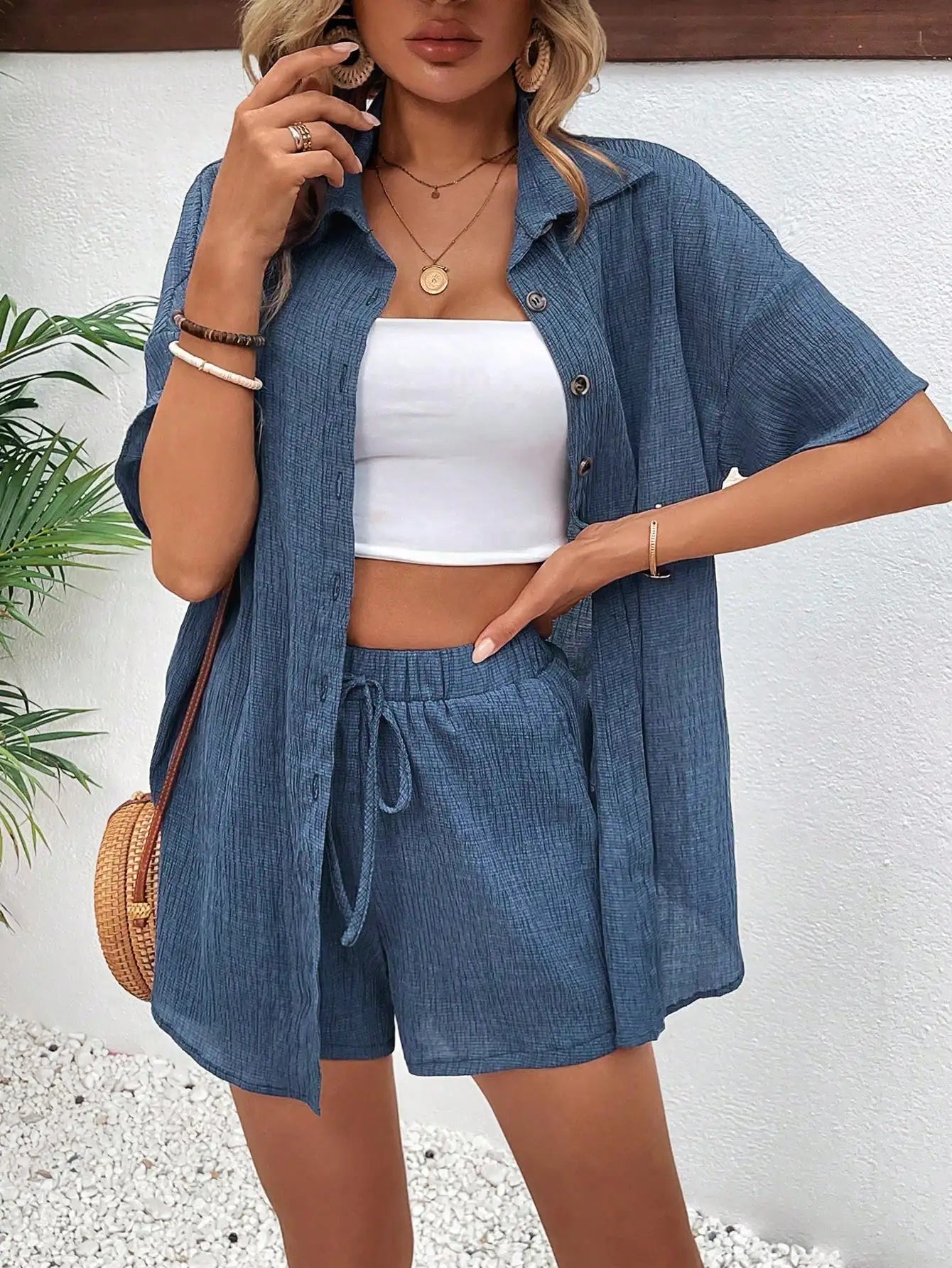 Women's Front Button Collar Short Sleeve Blouse And Tie Waist Shorts Set